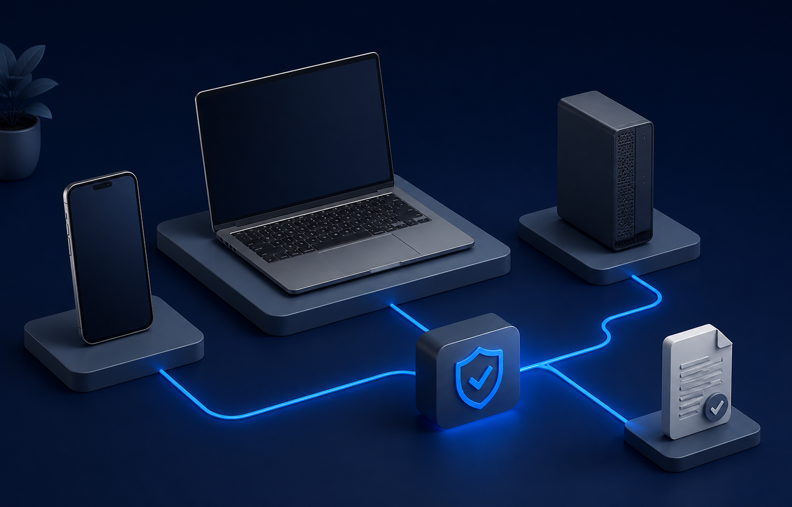 Conceptual phone, laptop, and managed endpoint connected through an approval checkpoint and evidence record.
